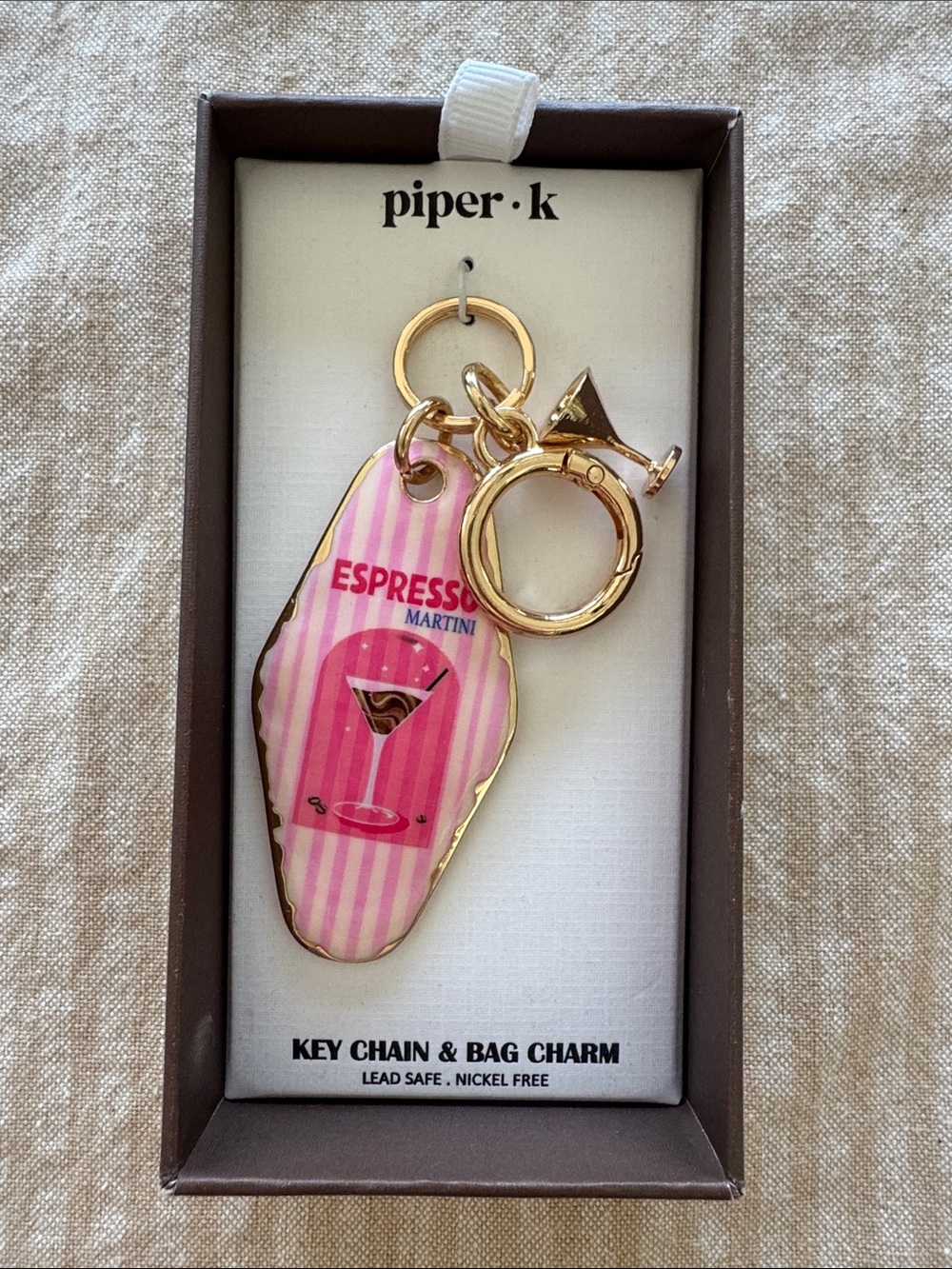 Piper Pink Striped Espresso Martini Key Chain Bag Charm
